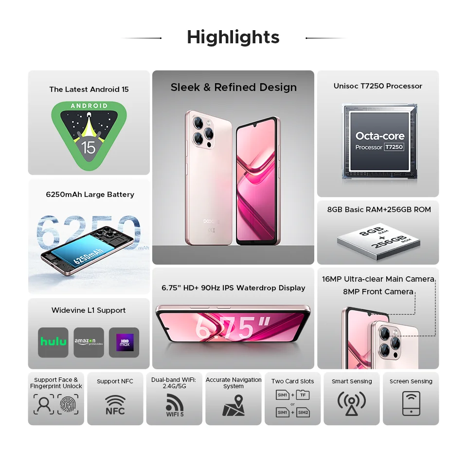 DOOGEE Note 58 Pro - 8GB+256GB Smart Phone with 6.75 Inch Display